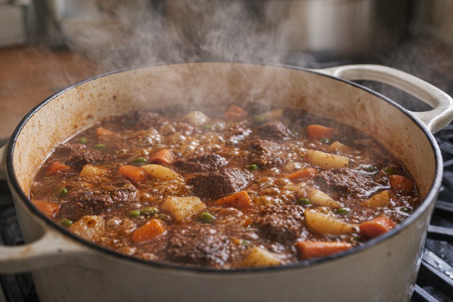 An eye-level shot of beef stew simmering in a dutch oven on the stovetop, steam rising, the stew bubbling with visible vegetables and browned beef